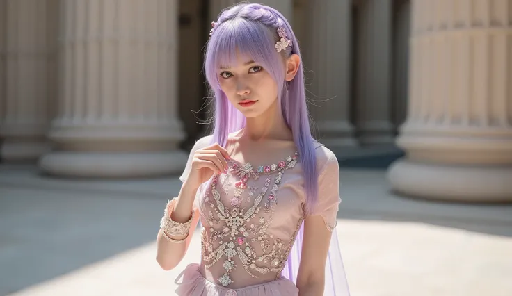 image of a goddess wearing jewels , Long straight light purple hair, Random Hairstyles, sexy sheer dress studded with jewels, Goddess dress with sheer fabric, (( costume adorned with white, pink, and blue jewels )), (big , Disconnect, Erected Nipples, sle...