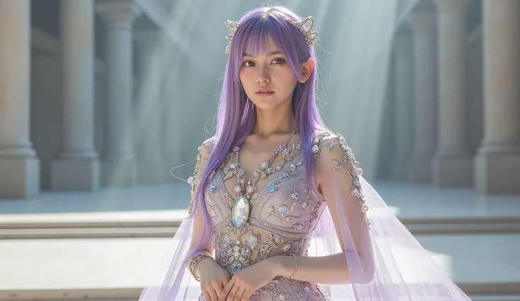 image of a goddess wearing jewels , Long straight light purple hair, Random Hairstyles, sexy sheer dress studded with jewels, Goddess dress with sheer fabric, (( costume adorned with white, pink, and blue jewels )), (big , Disconnect, Erected Nipples, sle...