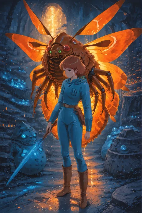 (watercolor, detailed outline),1girl, short brown hair, blue pilot suit, blue jumpsuit, boots, holding weapon, underground cave, giant insect shells, insect exoskeleton, blue glowing orbs, blue spheres, mysterious cave, fungal forest, nausicaa style, studi...