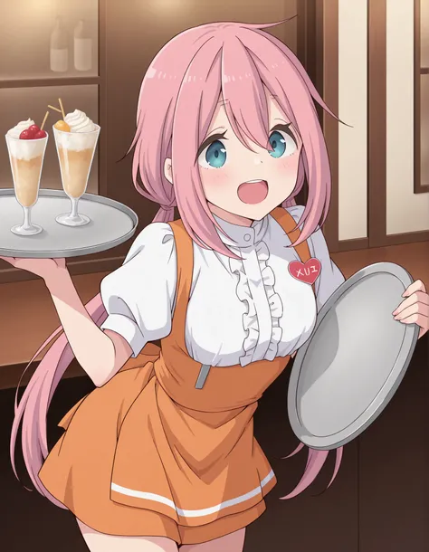 Score_9, score_8_up, score_7_up, source_anime, nadeshiko kagamihara, solo, low twintails, pink hair, blue eyes, (best quality), (high quality), {masterpiece}, extremely delicate and beautiful, ultra-detailed, beautiful detailed eyes, anna miller, waitress,...