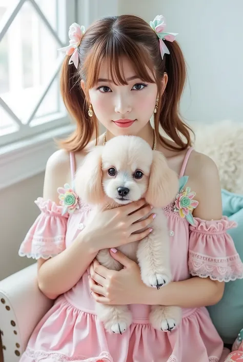 Create a captivating photo collection featuring an exceptionally beautiful Japanese idol girl with fair skin. She has a slender body, small breasts, and delicate legs. Her style embodies the relaxed and cute Harajuku fashion, with pastel-colored, fluffy fr...