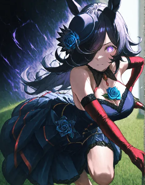 umamusume_rice shower、
masterpiece、ultra detailed、professional quality

1girl,solo
(((running at full power on the lawn)))
forward leaning posture、Keep an eye on the goal
splint、(((Wear a black aura)))
purple short Wedding Dress、
wine red Opera glove
sprin...