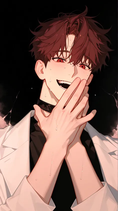 8K, solo, insanely laughing, male, High Quality, 1 male, boy，pretty face , short hair , 회Brown Hair，Brown Hair, disheveled head on background , Eyes are dark red,  round eyes , black neck polar, lab coat, 25세 male , Sweating, blush, recent , black background,  covering your mouth with your hands, perfect hand shape, face close-up, You are handsome , male, looking down,  low angle,  Soft atmosphere, Bizarre background effect, boy같은 외모