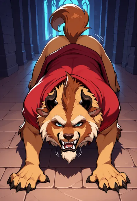 dizbeast, on all fours, red cape, fangs, growling, looking at viewer