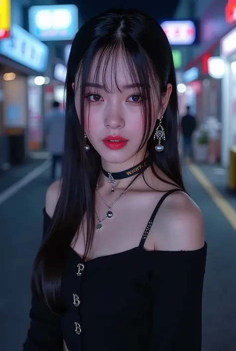 4k-Ultra High Definition 、 top quality, masterpiece, super high resolution , (reality: 1.4), *********** girl, purple eyes, exposed shoulder sweater dress , cinematic lighting 、 Purple and black hair 、(Mine girl、goth makeup、 My Makeup )、( ear pierc...