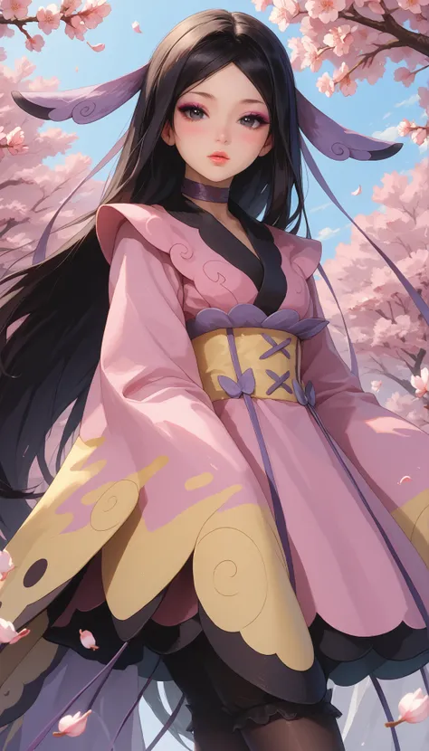 zzValerie, long hair, black hair, big black eyes, highly detailed face, glossy detailed lips, parted bangs, eyeshadow, hair ornament, black pantyhose, choker, dress, furisode, highly detailed clothing, japanese clothes, kimono, long flowing sleeves that co...