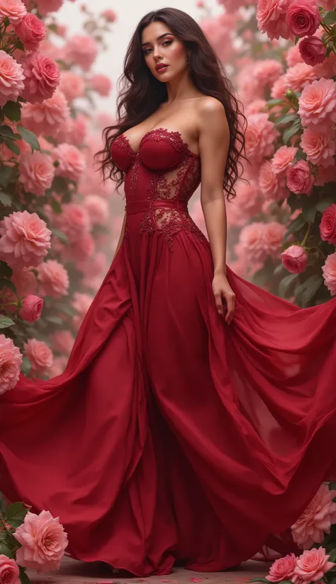 a woman sexy dance, woman very big breasts, dress graduation, walk and look to camera, background flower rose, full-body.