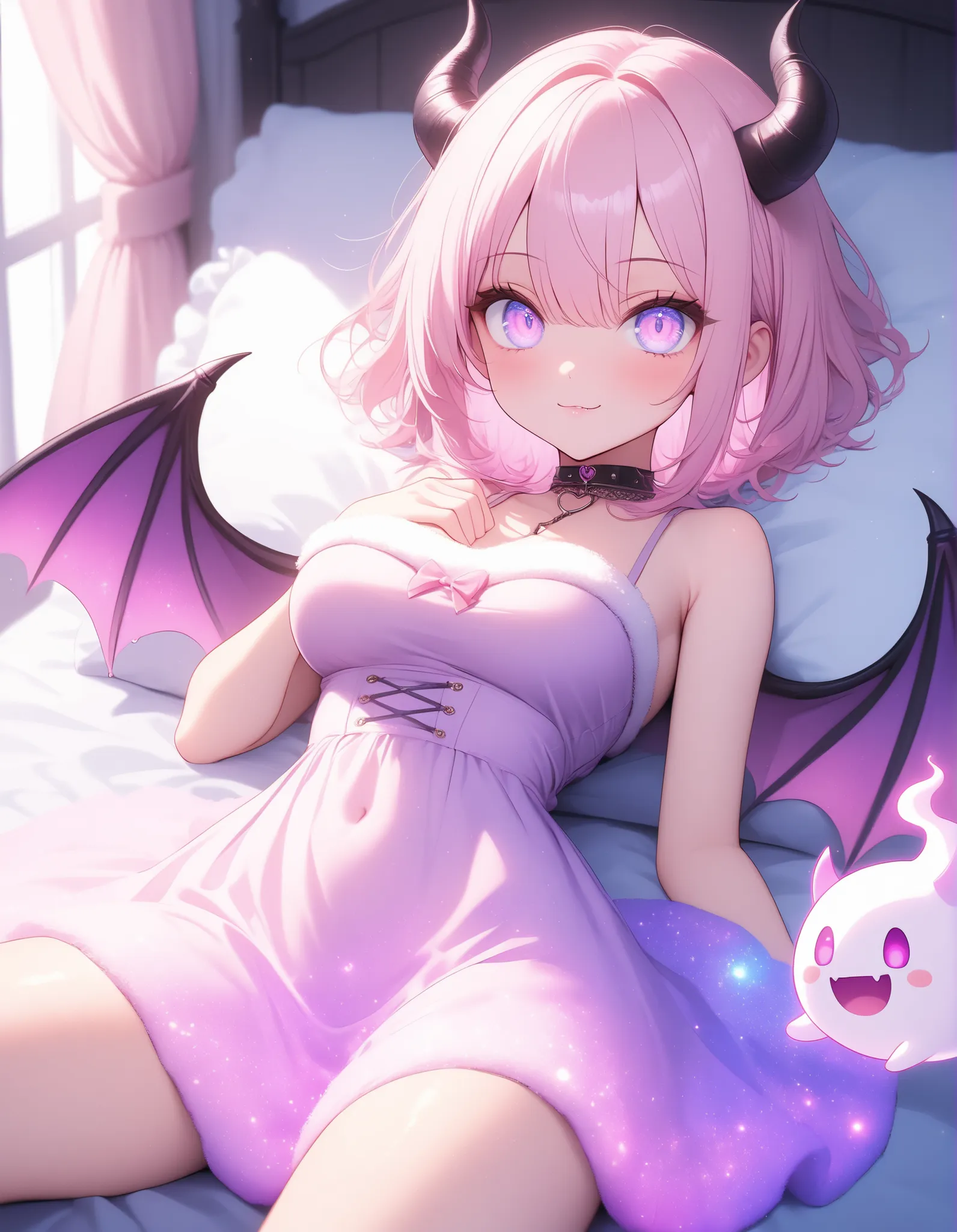1 girl, violet eyes, light pink hair, short hair, cool, beautiful, medium breast, very cute, lovely, kawaii, sweet fluffy dress,
lying in bed, bedroom, a chibi demon sits on her belly, (cute chibi demon ghost with horns, big eyes, irresistibly cute yet un...