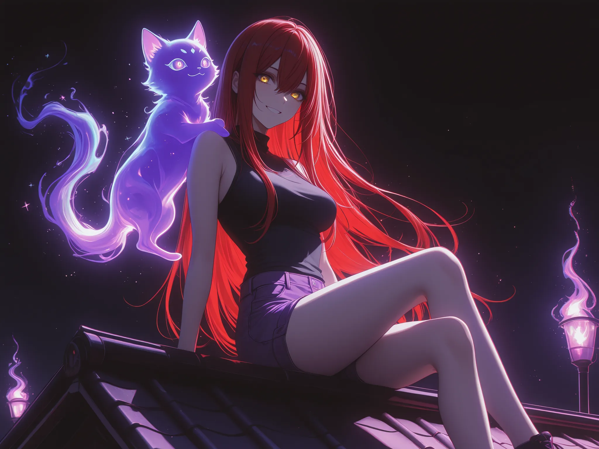 1 girl , golden eyes , very long hair , long sidelocks, red hair , petite , very cute , beautiful ,Straight hair, cool, handsome, hair between eyes, mediumlarge breast, cute eyes, bare shoulders, hoddie, shorts, cute, smiling, (( one shadow cat, spirit si...