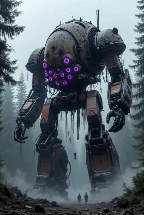 military robot like a tank、(1.5)、(An intimidating feeling like a chariot:1.5),(wacky, perverted, and bizarre design without a head:1.5),(the dark dark metallic body is rusted:1.5)、(Total height 50mRobot 1.tanding in the fog of the forest、(A robot with a ve...