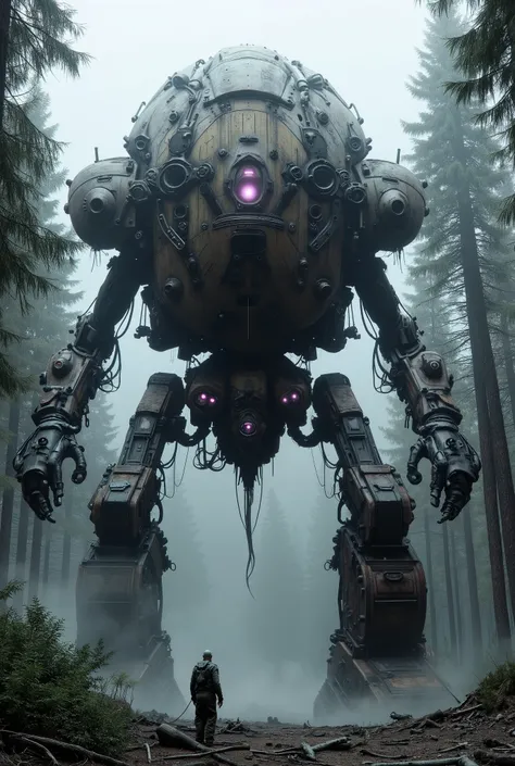 military robot like a tank、(1.5)、(An intimidating feeling like a chariot:1.5),(Unconventional, kinky , and a strange headless design:1.5),(The dark metal body is rusted:1.5)、(Total height 50mRobot 1 .standing in the fog of the forest、(A robot with a very ...