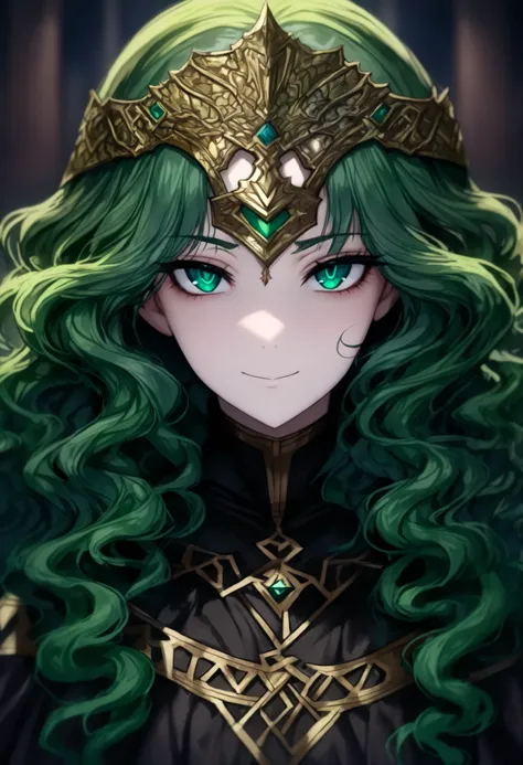 ((masterpiece)), ((best quality)), 1girl, adult, ((green hair)), green hair, ((intimidant look)), ((close-up)), green eyes, black clothes, sexy, dark colors, brillant eyes, ((wavy hair)), perfect hands, ((intimidant look)), good anatomy, ((dark babylonian...