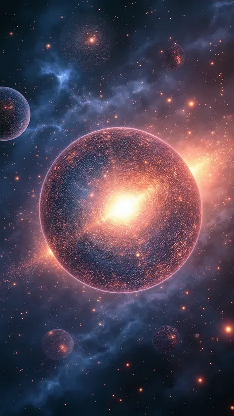 A science-art rendering of a vacuum decay bubble — showing a glowing spherical boundary between false and true vacuum, surrounded by warped gravitational fields, quantum particles, and cosmic background structures
