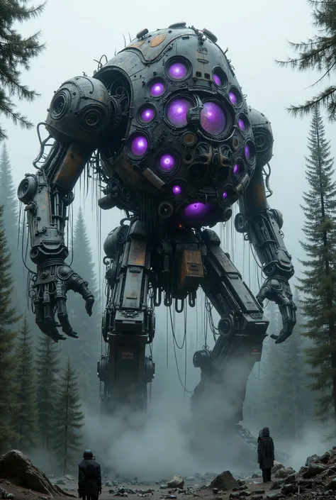 military robot like a tank、(1.5)、(An intimidating feeling like a chariot:1.5),(Unconventional, kinky , and a strange headless design:1.5),(The dark metal body is rusted:1.5)、(Total height 50mRobot 1 .standing in the fog of the forest、(A robot with a very ...