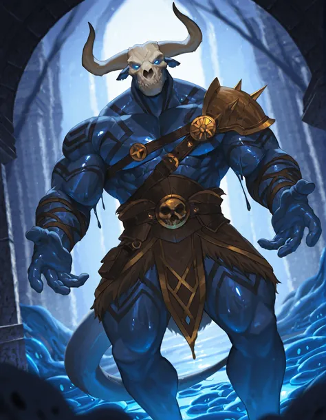 Expressiveh, cold stare, solo male, bara, hungry, score_9, score_8_up, score_7_up, slime short hair, body made of slime, muscular, giant, goliath, slime of a brilliant turquoise blue tone, source_anime, haughty, slime in a form of a man, athletic, human li...