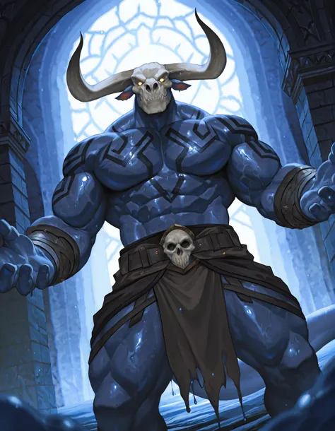 Expressiveh, cold stare, solo male, bara, hungry, score_9, score_8_up, score_7_up, slime short hair, body made of slime, muscular, giant, goliath, slime of a brilliant turquoise blue tone, source_anime, haughty, slime in a form of a man, athletic, human li...