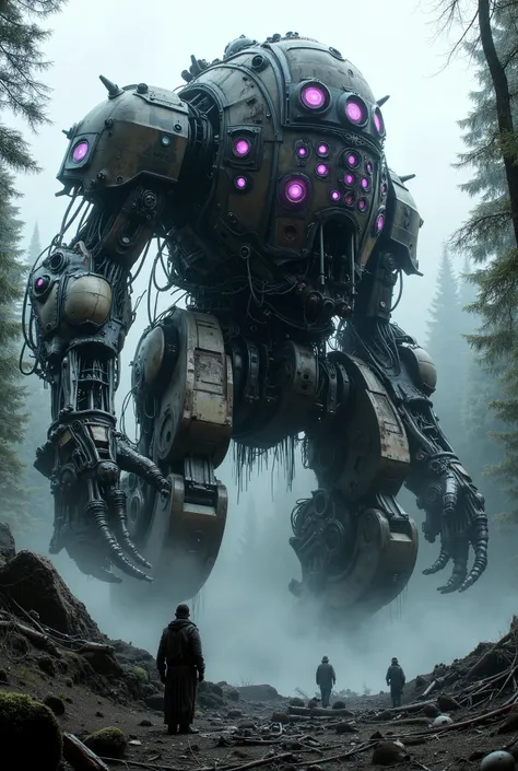 military robot like a tank、(1.5)、(An intimidating feeling like a chariot:1.5),(Unconventional, kinky , and a strange headless design:1.5),(The dark metal body is rusted:1.5)、(Total height 50mRobot 1 .standing in the fog of the forest、(A robot with a very ...