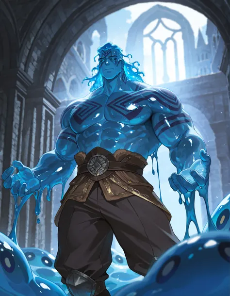 Expressiveh, cold stare, solo male, hungry, score_9, score_8_up, score_7_up, slime short hair, bara, body made of slime, muscular giant, goliath, of a brilliant turquoise blue tone, source_anime, haughty, slime in a form of a bulky man, dark buggy pants, s...