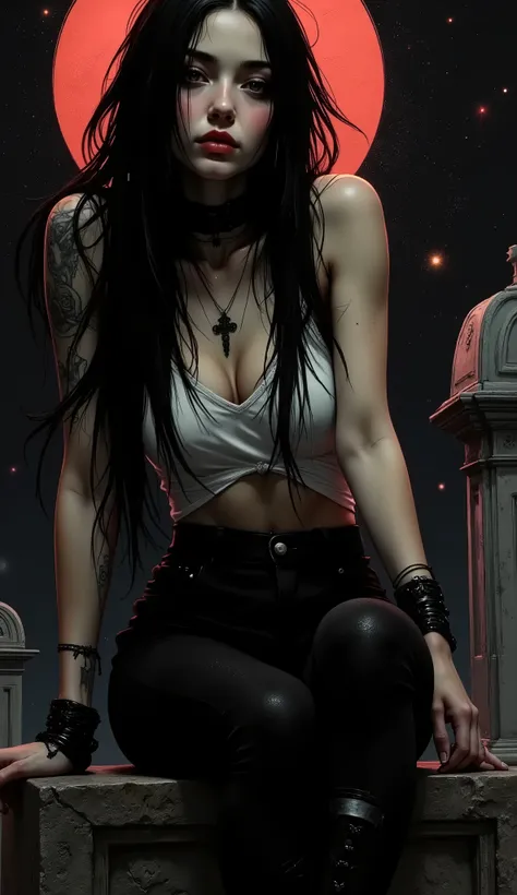 Whimsical goddess of death with infinite power and the compassion for all in the guise of a Young pretty goth girl with black pants, white tank top and ankh necklace, smiling impishly city, sitting on top of an old mausoleum at night with a full moon with ...