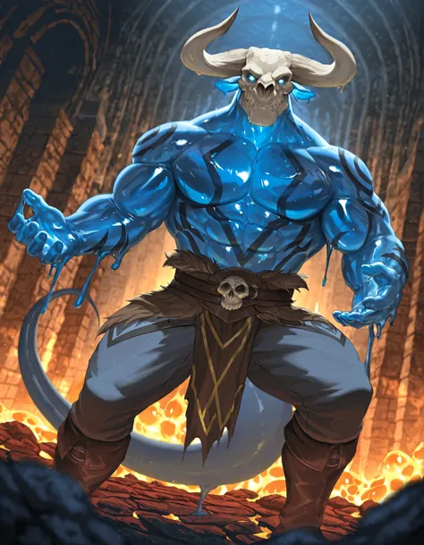 Expressiveh, cold stare, solo male, bara, hungry, score_9, score_8_up, score_7_up, slime short hair, body made of slime, muscular, giant, goliath, slime of a brilliant turquoise blue tone, source_anime, haughty, slime in a form of a man, athletic, human li...
