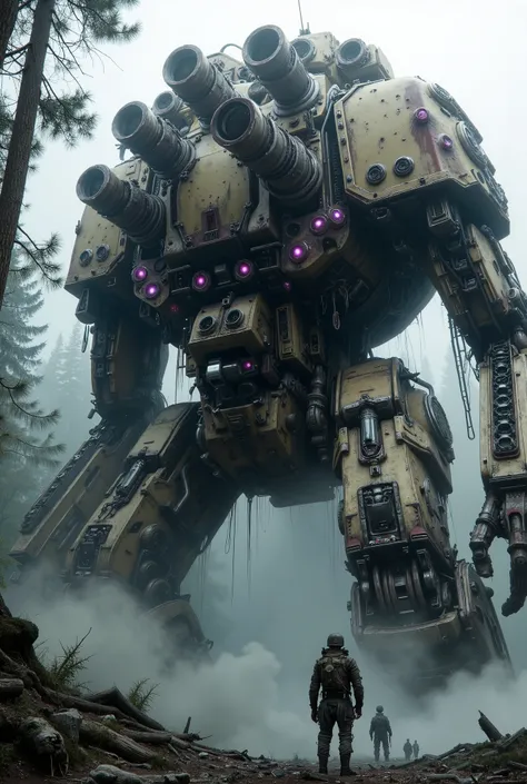 military robot like a tank、(1.5)、(An intimidating feeling like a chariot:1.5),(wacky, perverted, and bizarre design without a head:1.5),(the dark dark metallic body is rusted:1.5)、(Total height 50mRobot 1.tanding in the fog of the forest、(A robot with a ve...