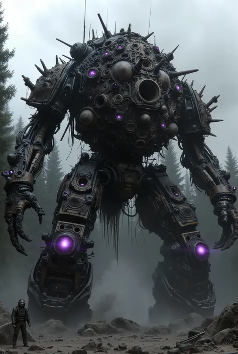 military robot like a tank、(1.5)、(An intimidating feeling like a chariot:1.5),(wacky, perverted, and bizarre design without a head:1.5),(the dark dark metallic body is rusted:1.5)、(Total height 50mRobot 1.tanding in the fog of the forest、(A robot with a ve...