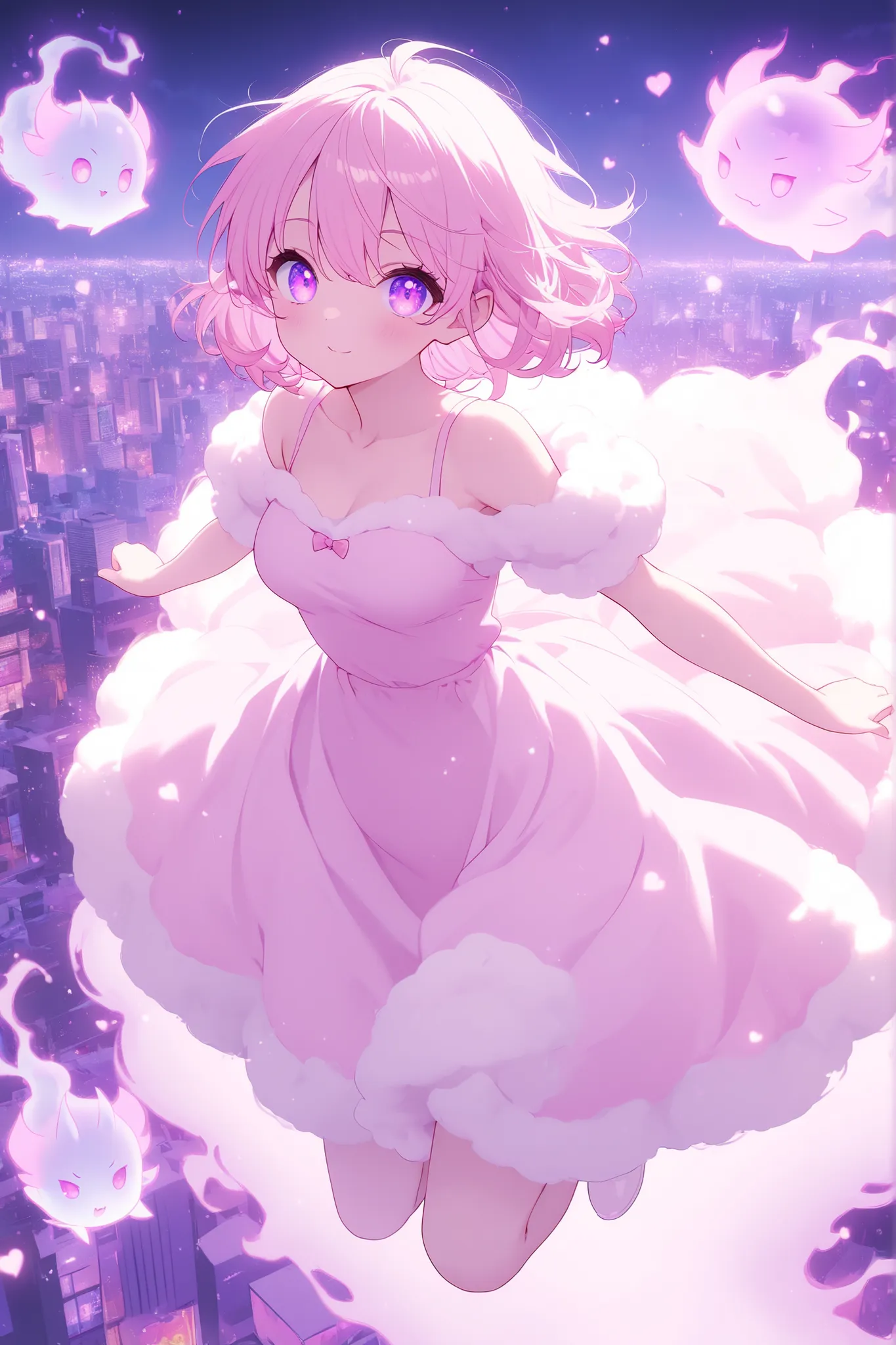 anime screenscap, 1 girl, violet eyes, light pink hair, short hair, cool, beautiful, medium breast, very cute, lovely, kawaii, sweet fluffy dress, solo, close-up, full body, looking at other, (cute little demon, spirit, imaginary spirit), city, dynamic po...