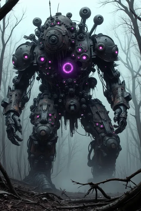 military robot like a tank、(1.5)、(An intimidating feeling like a chariot:1.5),(wacky, perverted, and bizarre design without a head:1.5),(the dark dark metallic body is rusted:1.5)、(Total height 50mRobot 1.tanding in the fog of the forest、(A robot with a ve...