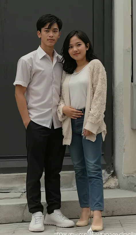 an Indonesian man and an Indonesian woman standing next to each other, an image, inspired by Adam Dario Keel, which is trending in the cg community, a handsome young Indonesian man with a beautiful young Indonesian woman with black tangled hair, a man dres...