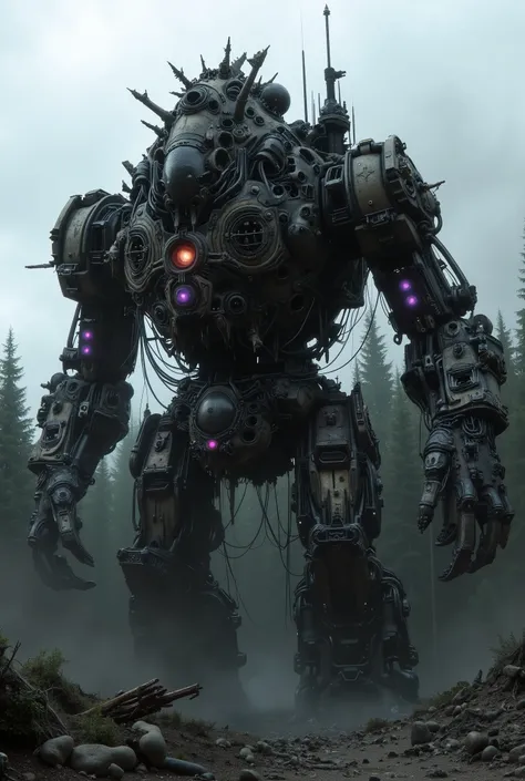 military robot like a tank、(1.5)、(An intimidating feeling like a chariot:1.5),(wacky, perverted, and bizarre design without a head:1.5),(the dark dark metallic body is rusted:1.5)、(Total height 50mRobot 1.tanding in the fog of the forest、(A robot with a ve...