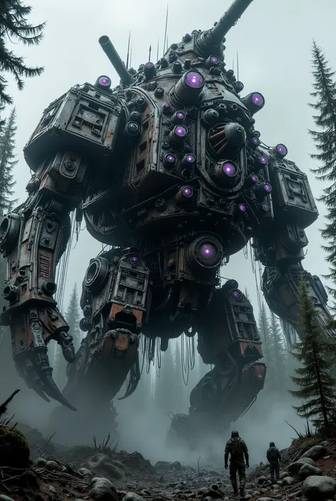 military robot like a tank、(1.5)、(An intimidating feeling like a chariot:1.5),(wacky, perverted, and bizarre design without a head:1.5),(the dark dark metallic body is rusted:1.5)、(Total height 50mRobot 1.tanding in the fog of the forest、(A robot with a ve...