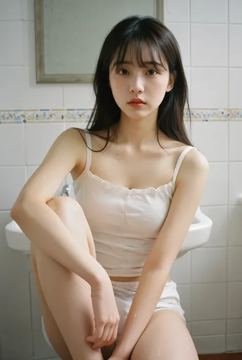 25 year old Asian female, moist skin, She wears a wet white tank top,Fits tightly to the body, Reveals Cleavage, She pulls her panties up, Sexy pose next to the bathroom sink, , she looked at the audience, Beautiful Thighs , facial details, Clear Focus, D...