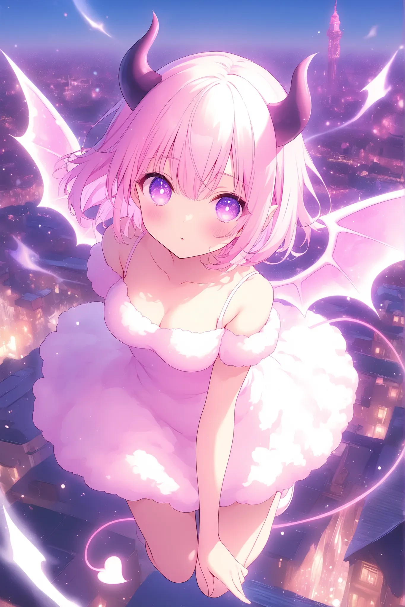 anime screenscap, 1 girl, violet eyes, light pink hair, short hair, cool, beautiful, medium breast, very cute, lovely, kawaii, sweet fluffy dress, solo, close-up, full body, looking at other, (cute little demon with horns and wings, imaginary spirit), city...