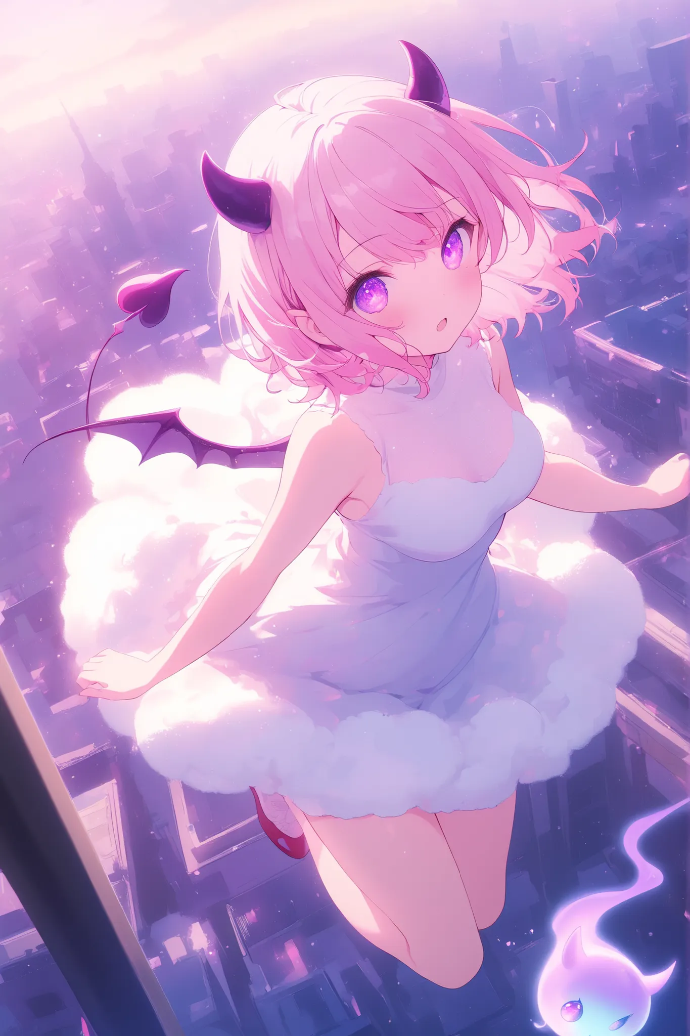 anime screenscap, 1 girl, violet eyes, light pink hair, short hair, cool, beautiful, medium breast, very cute, lovely, kawaii, sweet fluffy dress, solo, close-up, full body, looking at other, (cute little demon with horns and wings, imaginary spirit), city...