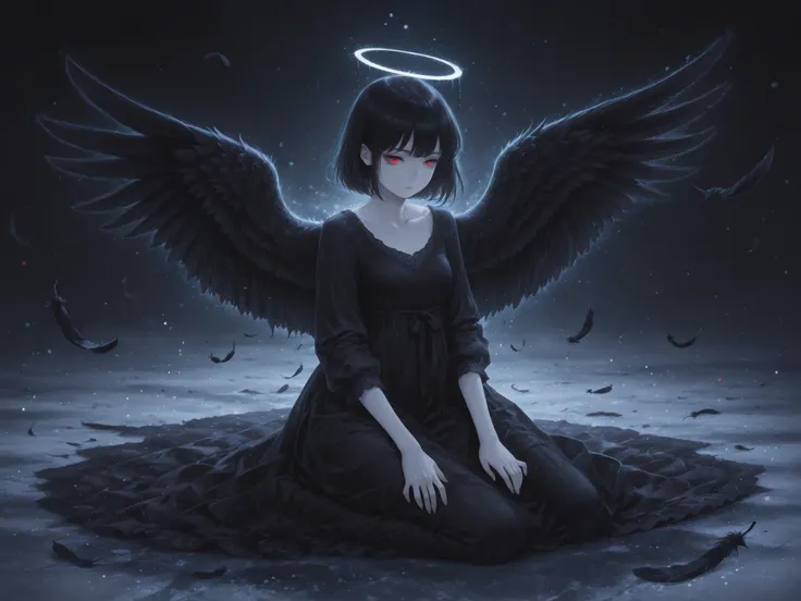 (watercolor, detailed outline), A dark, gothic-style anime illustration of a fallen angel kneeling on a ground scattered with feathers. The character has short black hair, pale skin, and intense red eyes, dressed in a long, flowing black dress. Her large b...
