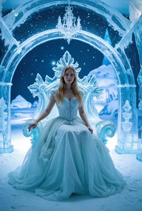 Create a realistic photograph of a beautiful 20-year-old girl with fair skin and long straight blonde hair, dressed in an elegant ice gown. She should be seated on an ice throne in the audience chamber of a night-time ice palace, captured in a full-body sh...