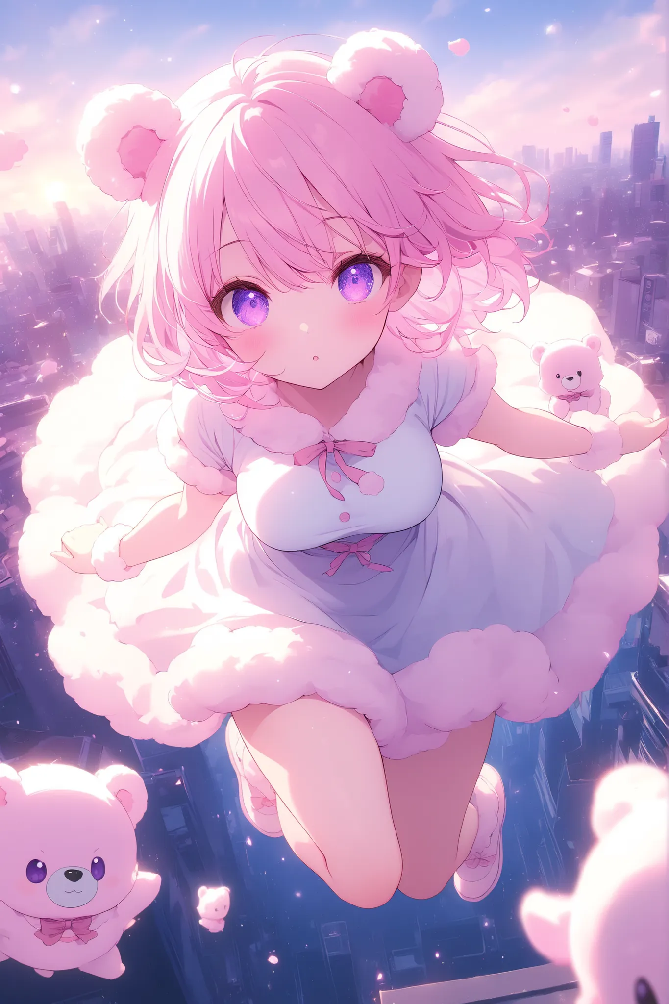 anime screenscap, 1 girl, violet eyes, light pink hair, short hair, cool, beautiful, medium breast, very cute, lovely, kawaii, sweet fluffy dress, solo, close-up, full body, looking at other, (cute little imaginary bear spirit), city, dynamic pose,