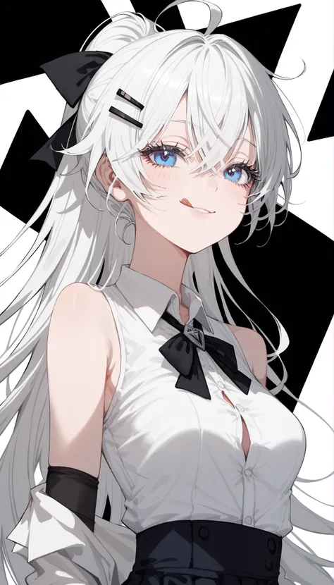 girl,In blue eyes,,, small breasts,Milf,,long hair,Black Hairpin,long hair,,slim,white hair,, Tomboy ,TRIANGLE COLOR BACKGROUND,Long Eyelashes,, small breasts, Ahoge ,, Sleeveless Top,buttoned shirt,Collared dress,Long dress , Arm stocking,white shirt, whi...