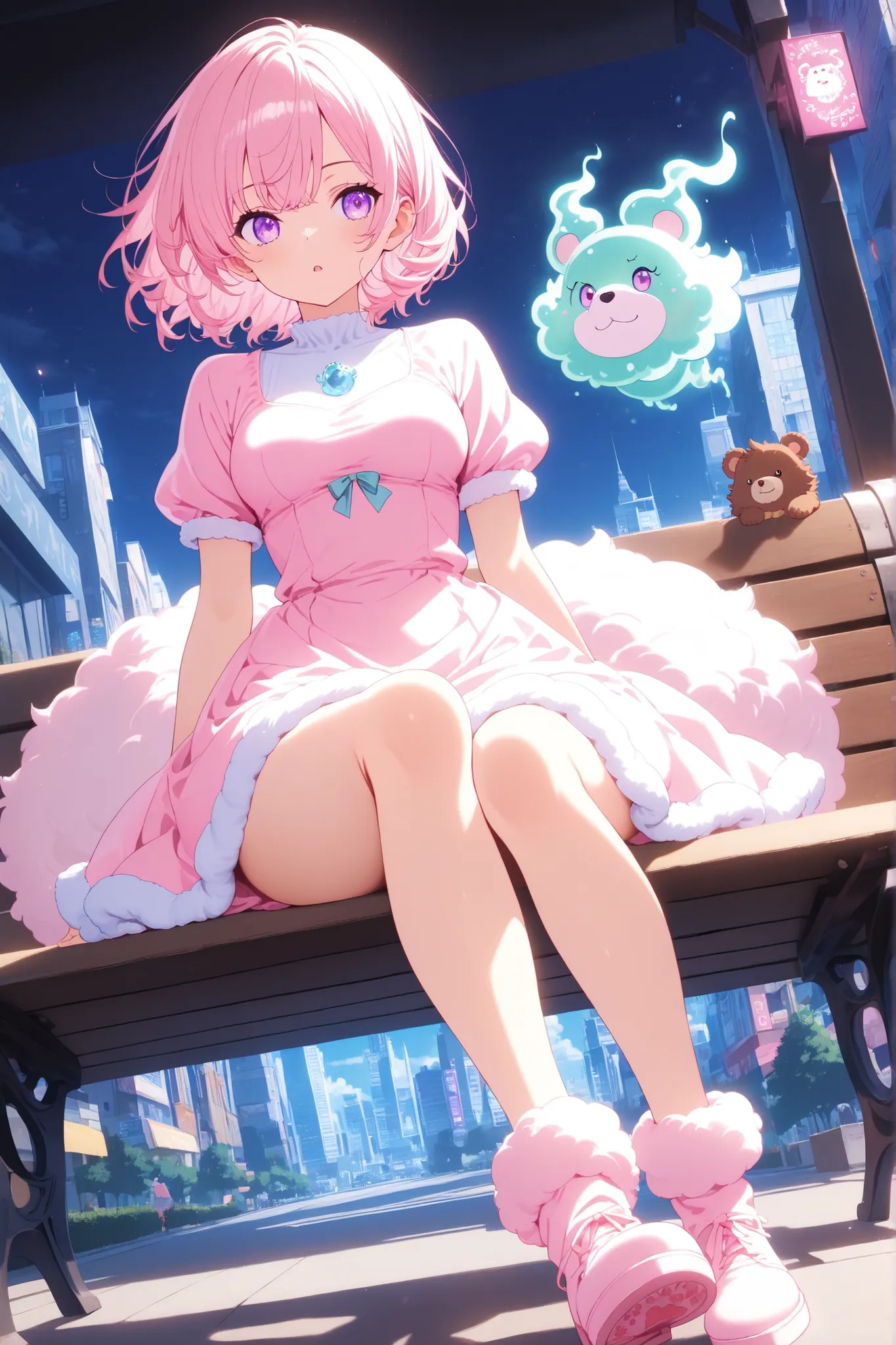 anime screenscap, 1 girl, violet eyes, light pink hair, short hair, cool, beautiful, medium breast, very cute, lovely, kawaii, sweet fluffy dress, solo, close-up, full body,sitting on a bench, looking at other, (cute little imaginary bear spirit, imaginar...