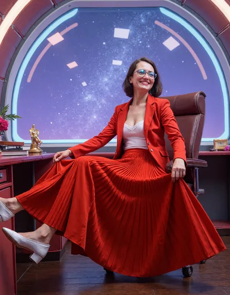  Soft focus captures a vintage aesthetic on 35mm film, reminiscent of Portra400 or Vision3 200T/500T. In a spaceship office, your therapist, who is a kind, mature lady sits on her desk surrounded by starry cosmos through large windows, showing her empathy ...