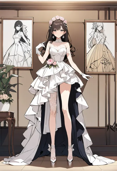 Reference Table,  Concept Figure , character design，girl，Wedding Dress，idol singers，sexy，sketch,beautiful notes）,Moles under the eyes, star necklace, (Masterpiece, BEST QUALITY), Official Art, beautiful and beautiful: 1.2), (1 个girl), are very detailed, (G...