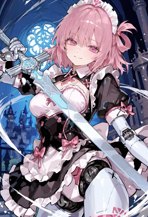 Maid Outfit。Short pink hair。 hair ring 。pink eyes。Mechanical joints。machine body。In front of the castle。headdress。Silver Sword。Attack。motion blur effect。Action。Dynamic。Hold the sword in front of you。Slash Line。weakest。Smile Yan