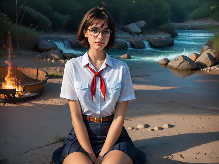 safe_pos, score_9, score_8_up, score_7_up, summer park, detailed eyes, (full body shot:1.2), 8k, (skinny body:1.2), curvy, sitting near the campfire, (looking at viewer, 16k vector photography, young , beautiful eyes, realistic lighting, detailed outfit, r...