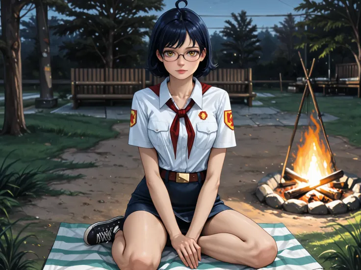 safe_pos, score_9, score_8_up, score_7_up, summer park, detailed eyes, (full body shot:1.2), 8k, (skinny body:1.2), curvy, sitting near the campfire, (looking at viewer, 16k vector photography, young , beautiful eyes, realistic lighting, detailed outfit, r...