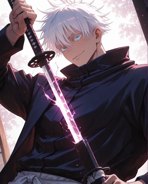 (masterpiece:1.2), (best quality:1.2), (very aesthetic:1.2), (absurdres:1.2), (detailed background:1.2),(newest),(highly detailed),(dynamic lighting),(cinematic lighting),1man, adult, male focus, gojou satoru, jujutsu kaisen, white hair, short hair, ((hair...