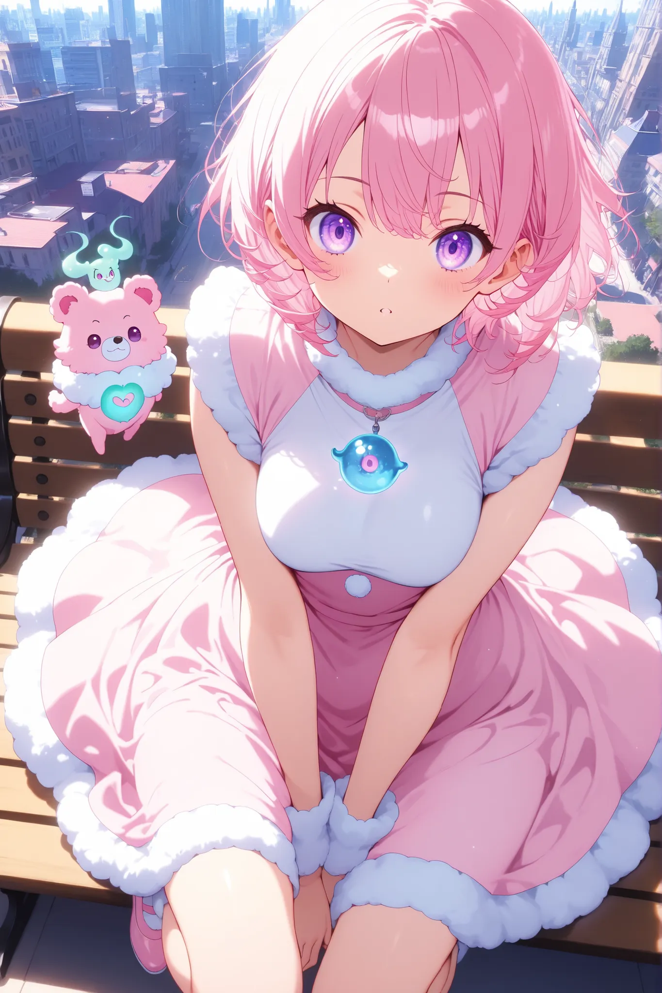 anime screenscap, 1 girl, violet eyes, light pink hair, short hair, cool, beautiful, medium breast, very cute, lovely, kawaii, sweet fluffy dress, solo, close-up, full body,sitting on a bench, looking at other, (cute little imaginary bear spirit, imaginar...