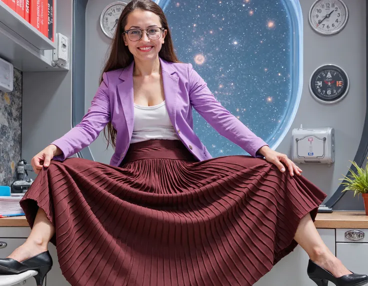  Soft focus captures a vintage aesthetic on 35mm film, reminiscent of Portra400 or Vision3 200T/500T. In a spaceship office, your therapist, who is a kind, mature lady sits on her desk surrounded by starry cosmos through large windows, showing her empathy ...