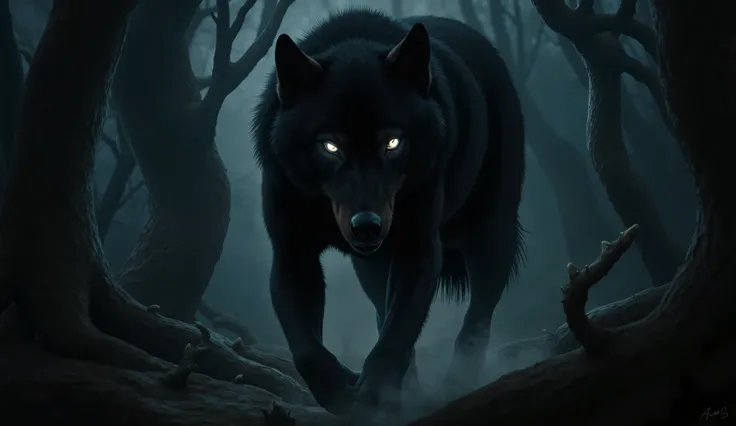 Black Wolf, glowing eyes, ferocious, nighttime, foggy, dark twisted forest background, high detail, masterpiece.