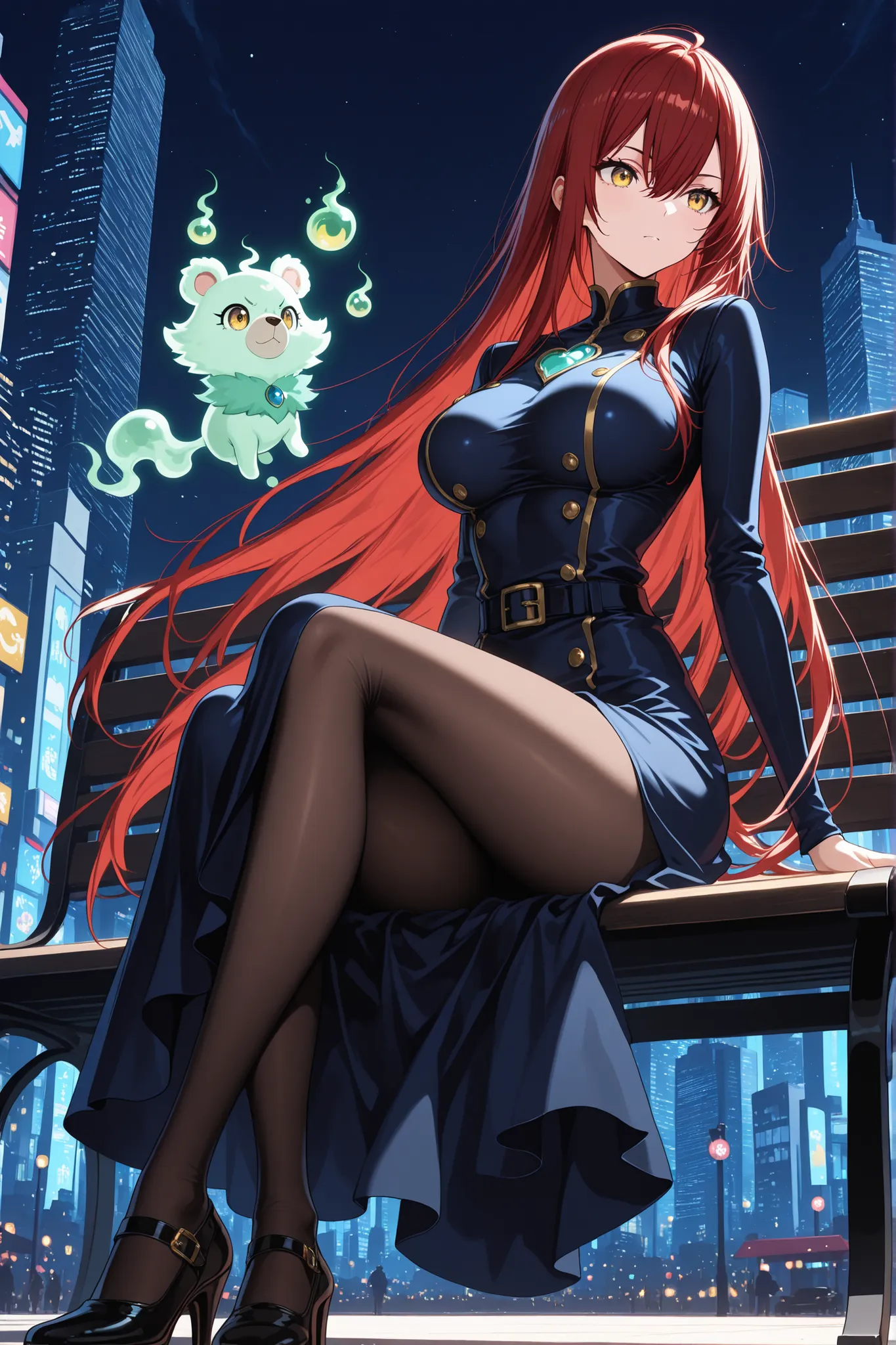 anime screenscap, 1 girl , golden eyes , very long hair , long sidelocks, red hair , petite , very cute , beautiful ,Straight hair, cool, handsome, hair between eyes, mediumlarge breast
sweet fluffy dress, solo, close-up, full body,sitting on a bench, loo...