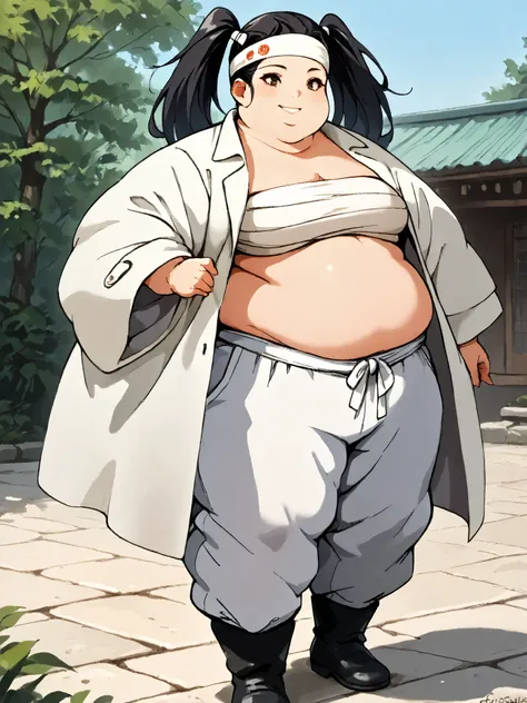 masterpiece, best quality, score_9, score_8_up, score_7_up, score_6_up, outdoors, 1girl, haylin, black hair, brown eyes, long hair, twin tails, female focus, solo, white jacket, white pants, headband, short hair, smile, black footwear, coat, crop top, midr...